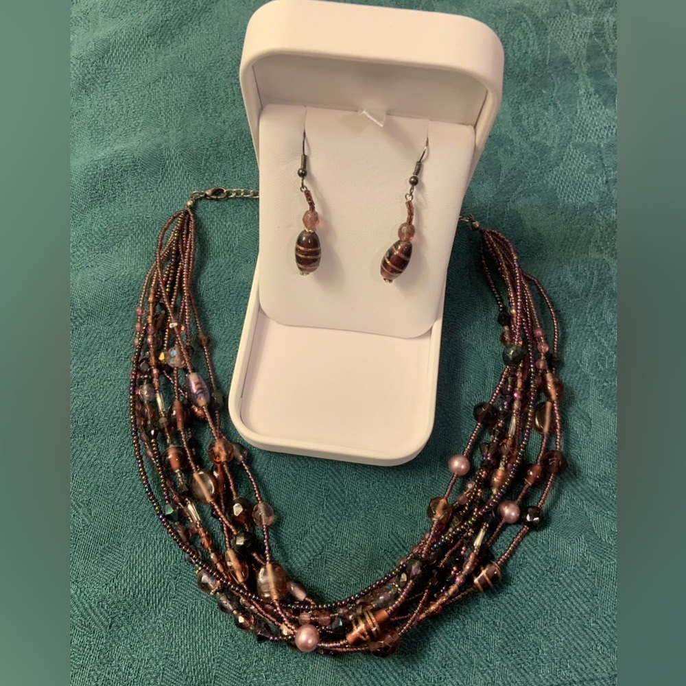 Chico's Purple Dangle Earrings with Matching Beaded Necklace